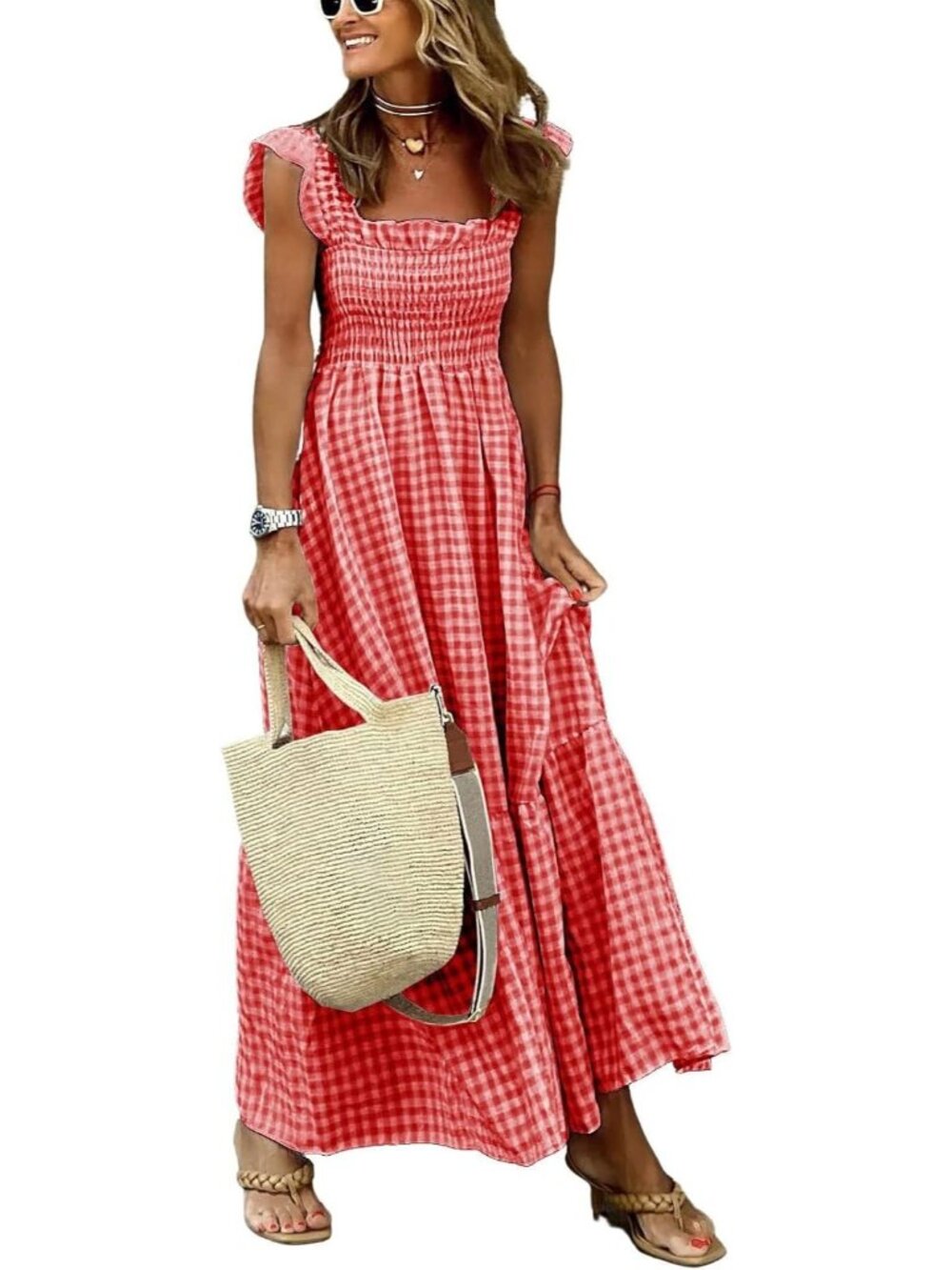 Women's Red Retro Plaid Smocked Spaghetti Strap Flounce Long Maxi Dress